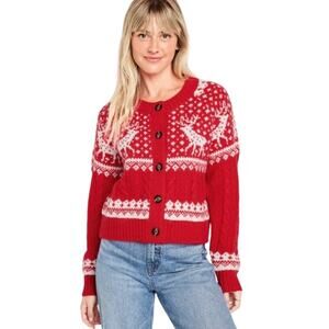 OLD NAVY Christmas Fair Isle GO-RECYCLED Button Up Cardigan Red Sweater - M